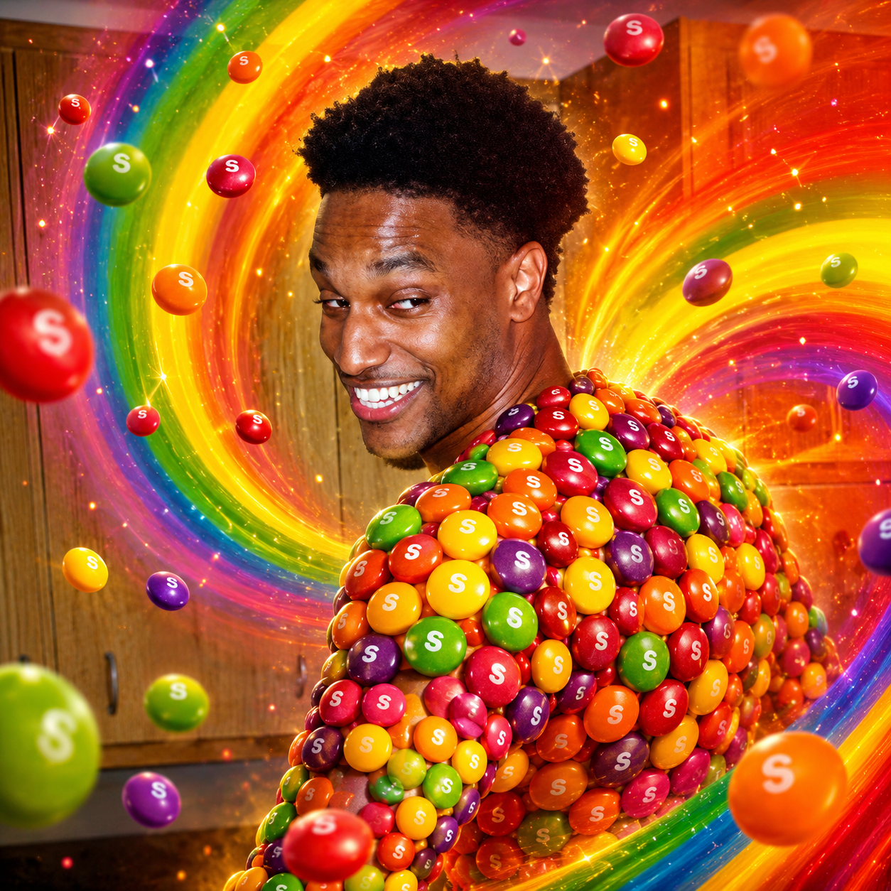 Skittle Man covered in candy